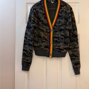 KULE Camouflage Cardigan with Rainbow Trim, size M